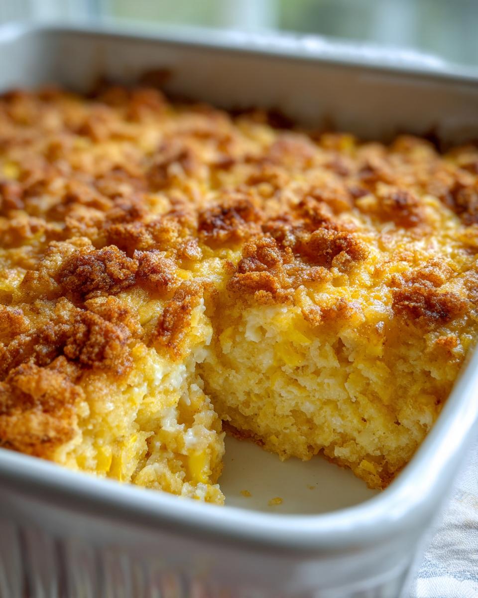 Close-up of a freshly baked squash casserole in a white dish with a piece removed, showing the moist interior and crunchy topping.