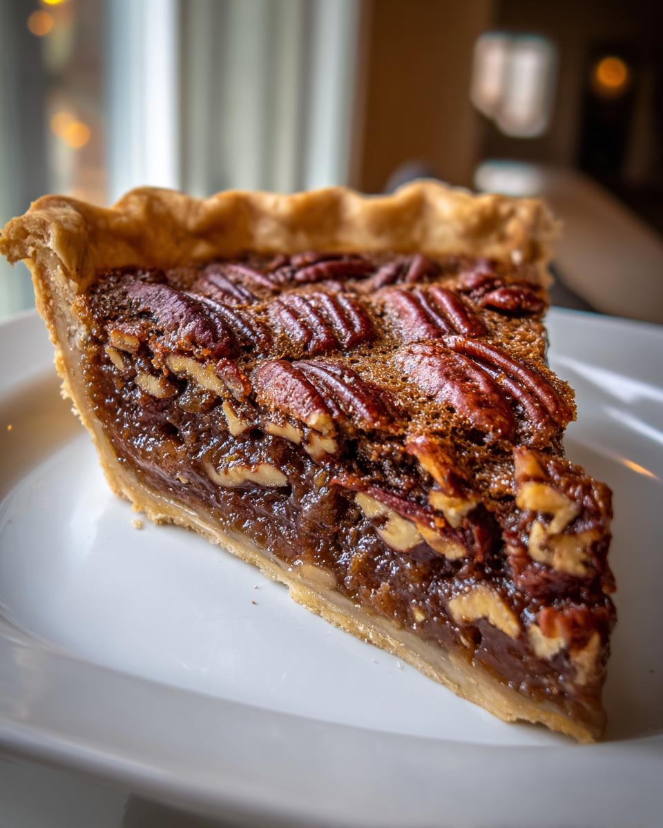 Close-up of a rich, gooey slice of pecan pie resting on a white plate, showing whole pecans.