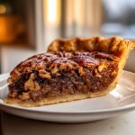 A close-up of a rich, gooey slice of pecan pie showing the filling and whole pecans on top.