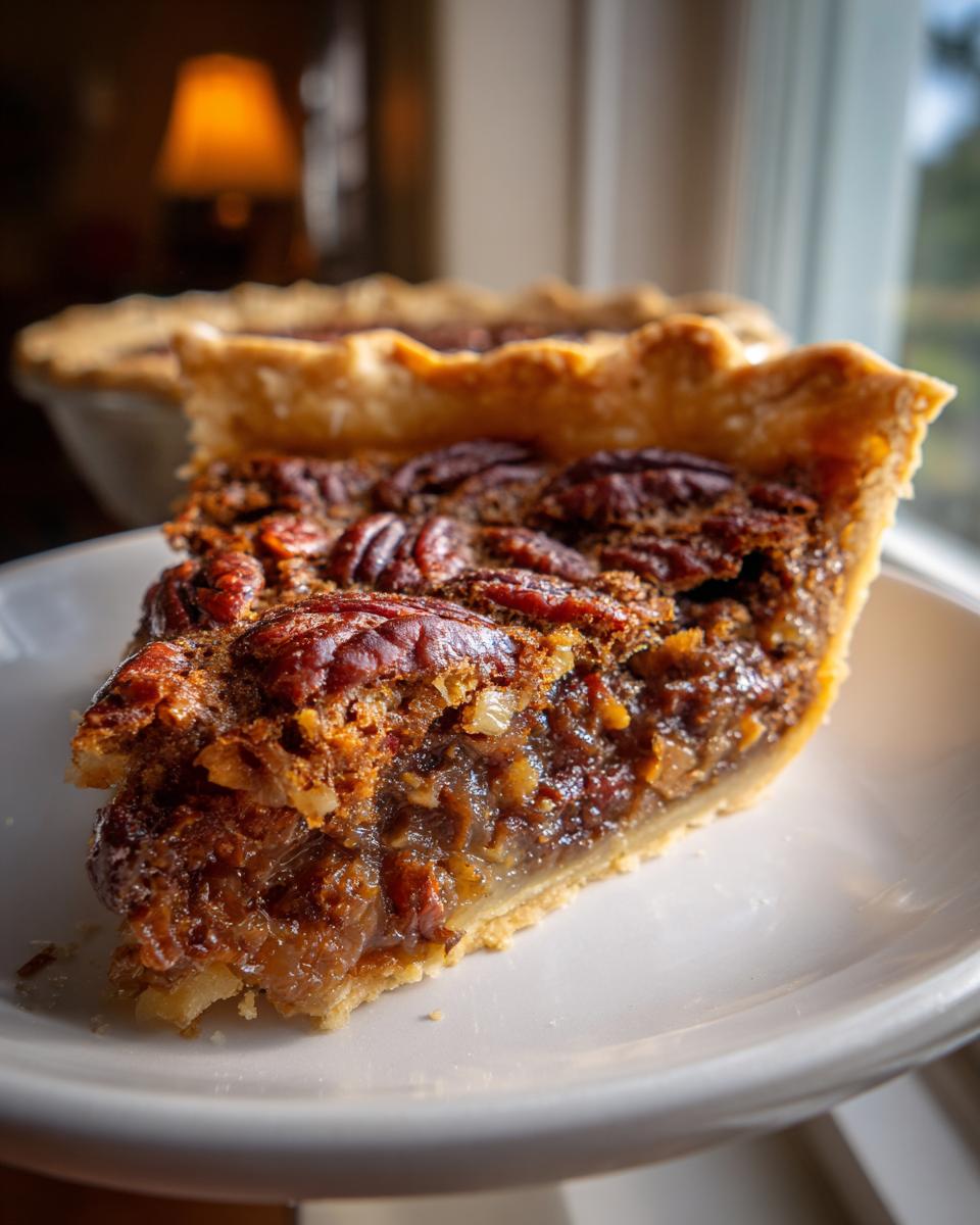 A close-up, cross-section view of a gooey slice of pecan pie resting on a white plate.