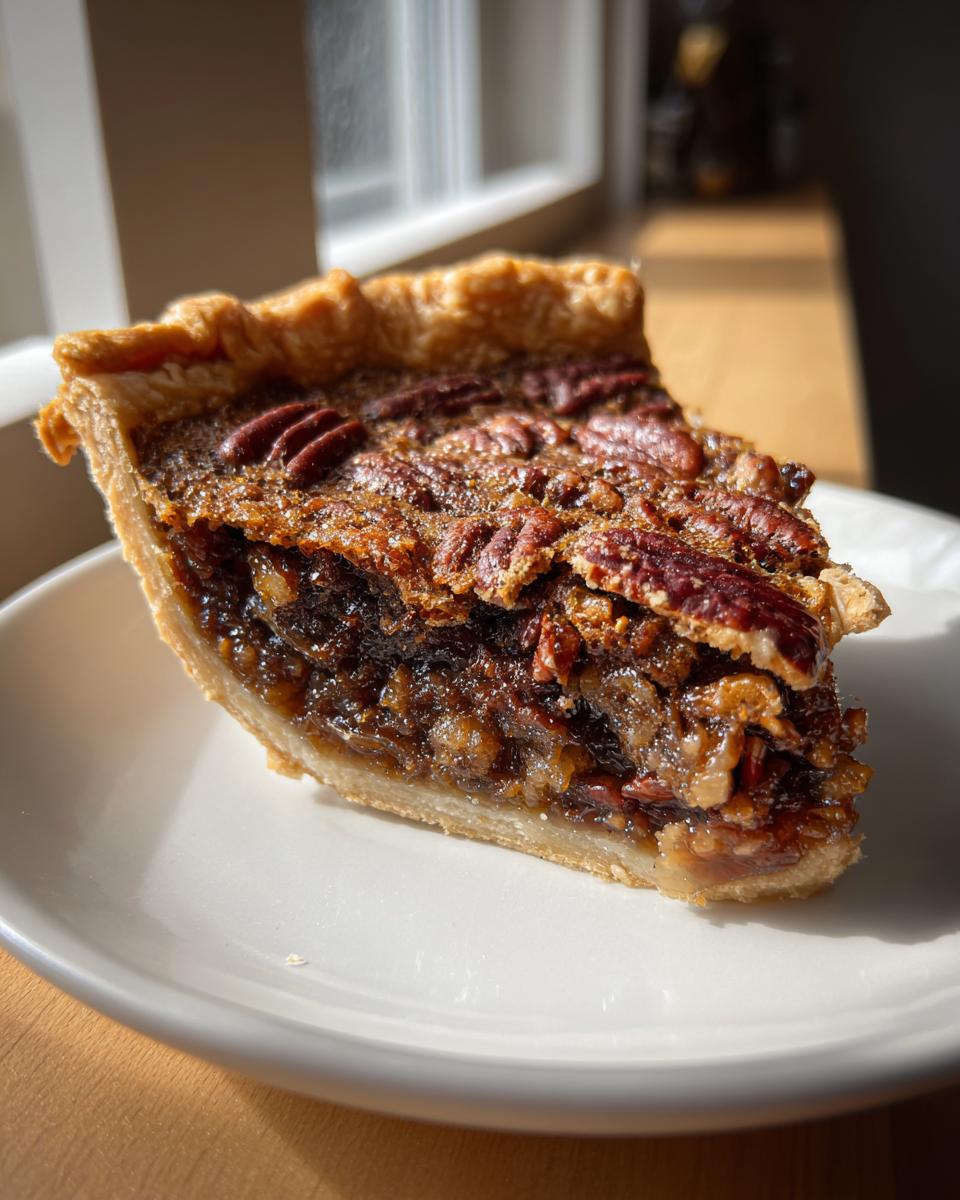 Close-up of a thick slice of gooey pecan pie showing the rich filling and whole pecans on top.