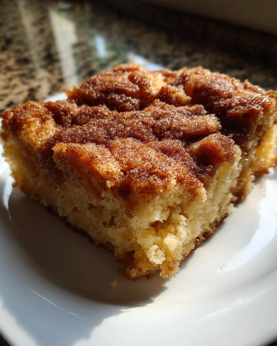 A close-up of a square slice of snickerdoodle cobbler with a thick, sugary cinnamon topping on a white plate.