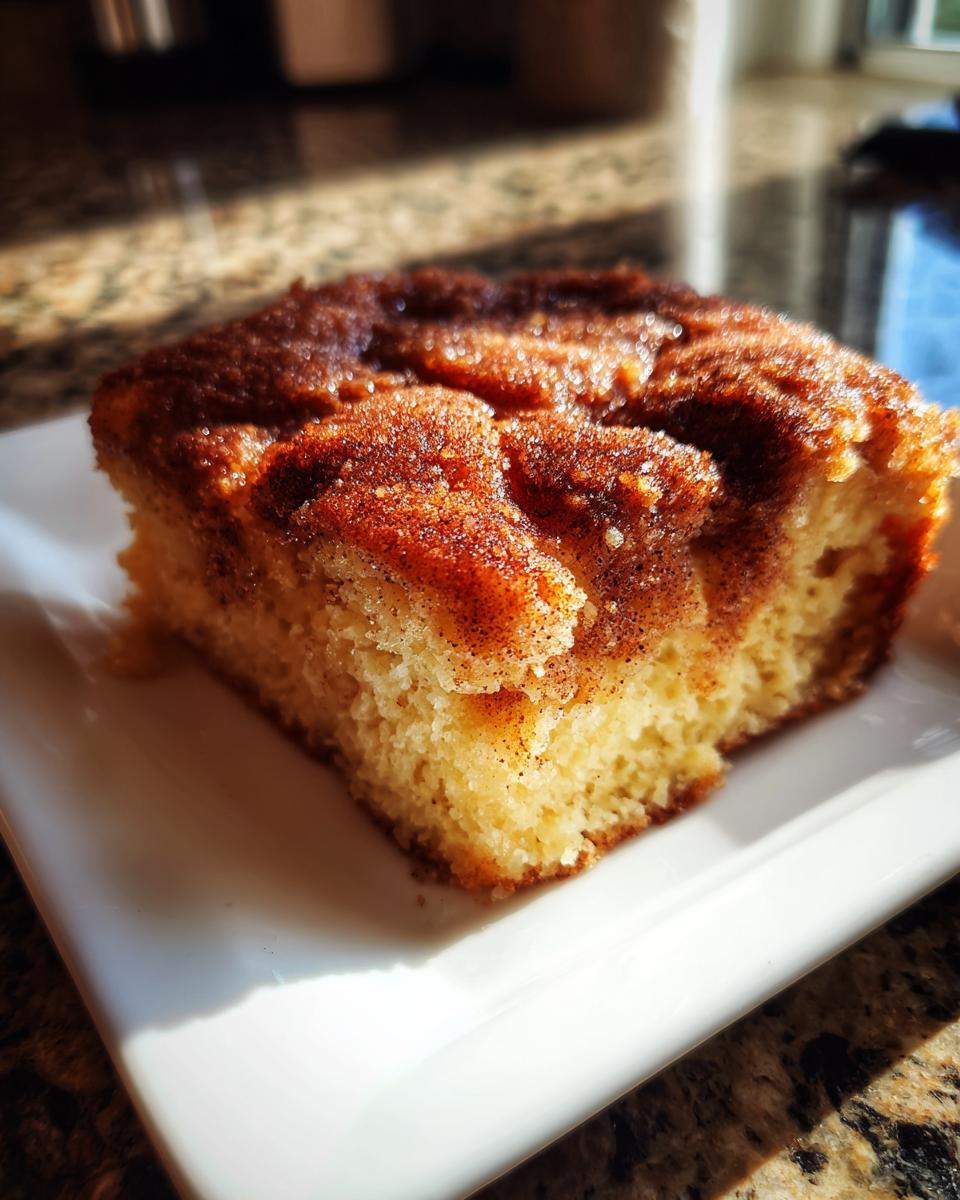 Close-up of a square slice of warm snickerdoodle cobbler topped with cinnamon sugar on a white plate.