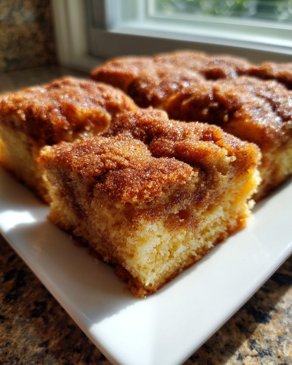 Close-up of gooey snickerdoodle cobbler squares with a thick cinnamon-sugar topping served on a white dish.