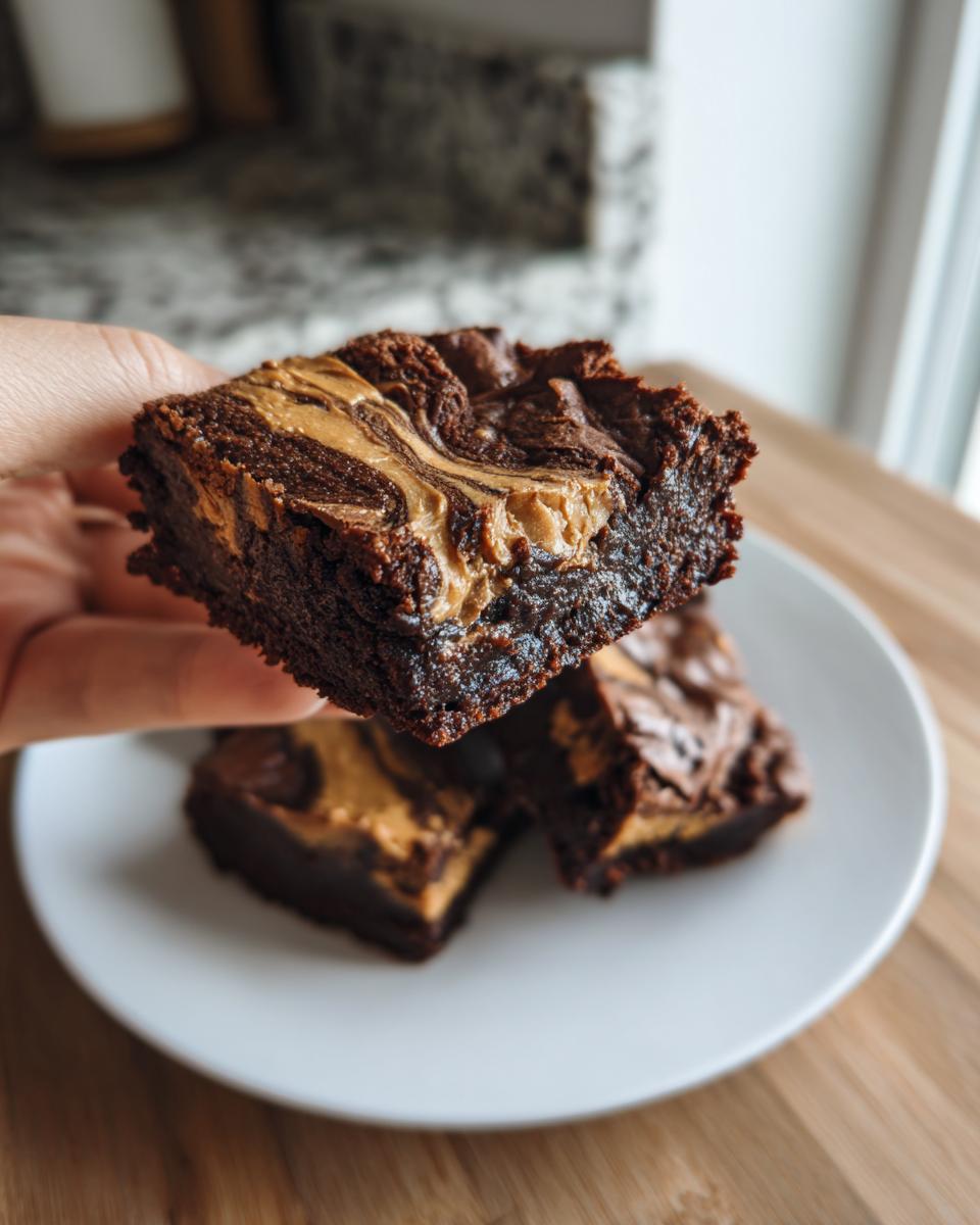 A hand holds up a fudgy peanut butter swirl brownies square over a plate with more brownies.