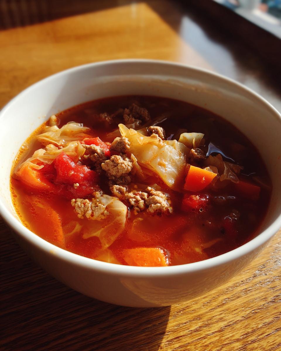 Close-up of a white bowl filled with rich, red cabbage soup featuring ground meat, chunks of tomato, and cabbage.