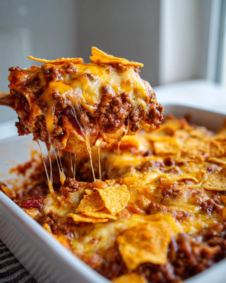 A spoonful of cheesy, meaty frito pie is lifted from a white baking dish, showing long cheese pulls.