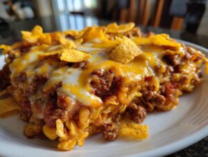 Close-up of a serving of hearty frito pie casserole topped with melted cheese and corn chips.