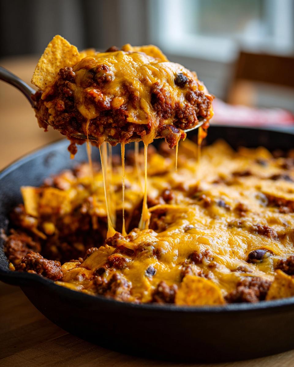 A spoonful of hearty frito pie lifted from a skillet, showing melted, stringy cheese over chili and corn chips.