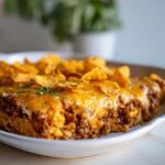 A close-up of a hearty slice of frito pie, topped with melted cheddar cheese and corn chips.