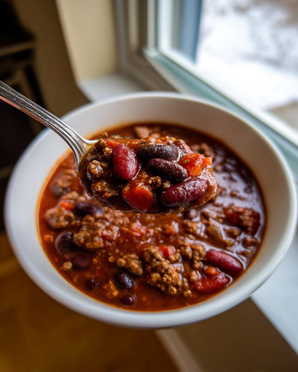 A spoonful of rich, meaty chili filled with kidney beans being lifted from a white bowl, showcasing the amazing chili texture.