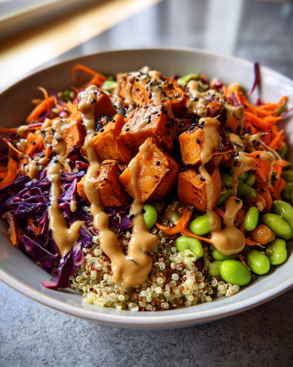 Close-up of a vibrant buddha bowl featuring quinoa, roasted sweet potato, edamame, shredded carrots, and a peanut dressing.