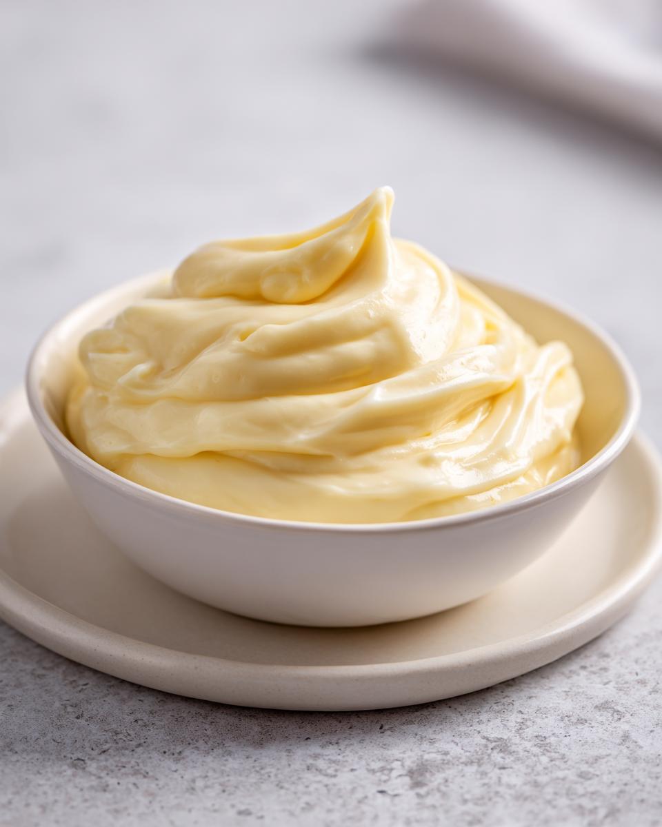 A close-up of thick, creamy, pale yellow homemade mayonnaise swirled high in a small white bowl.