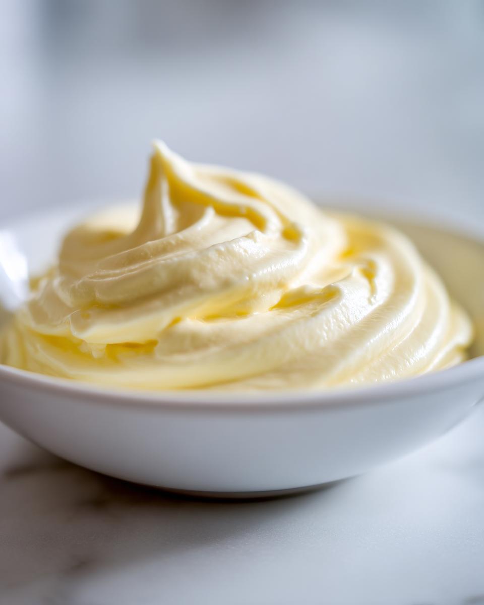 Close-up of rich, creamy homemade mayonnaise swirled beautifully in a small white bowl.