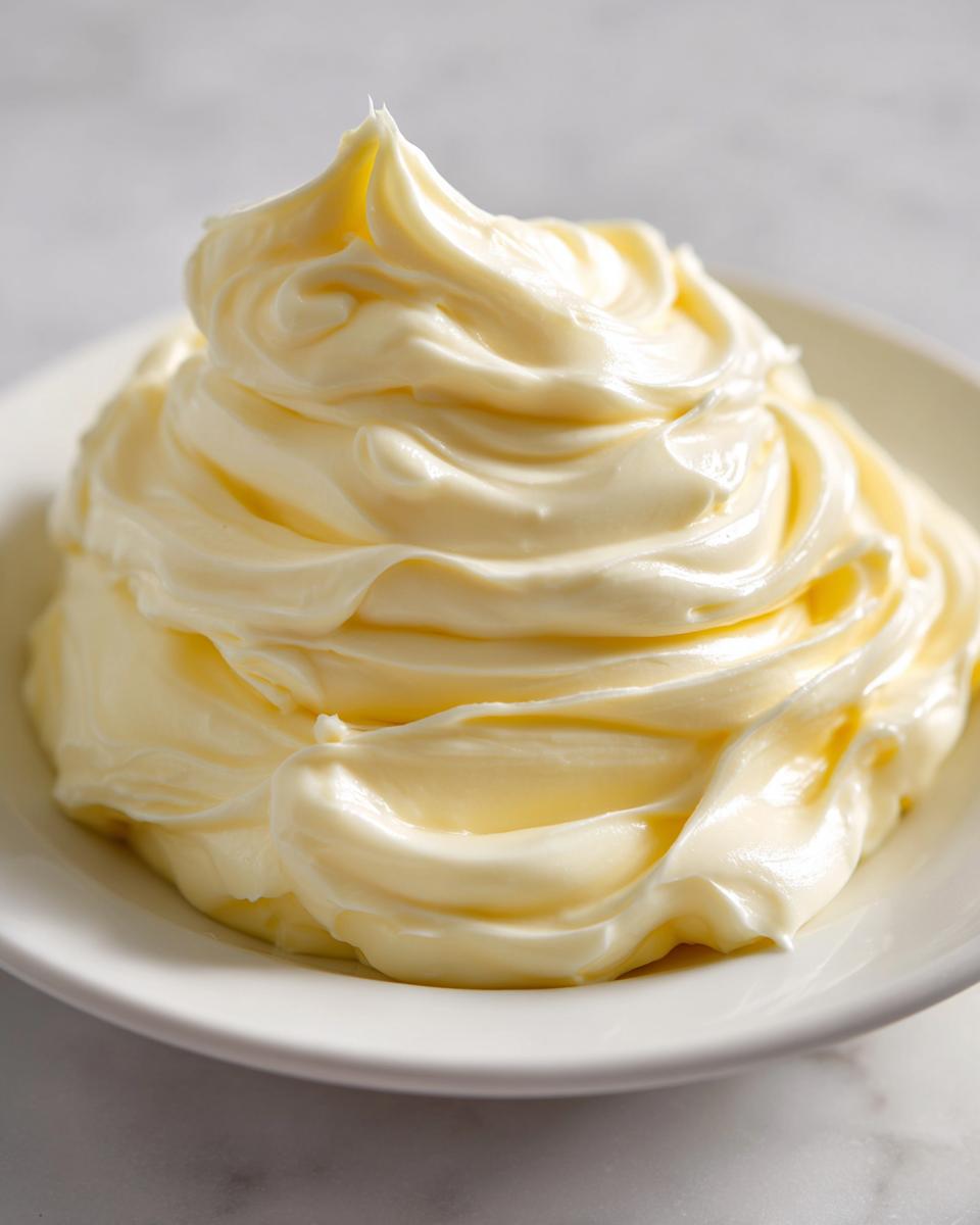 Close-up of thick, creamy homemade mayonnaise swirled high in a small white bowl.