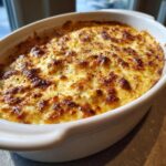 Close-up of a hot, baked crab dip in a white oval dish with a bubbly, golden-brown cheese crust.