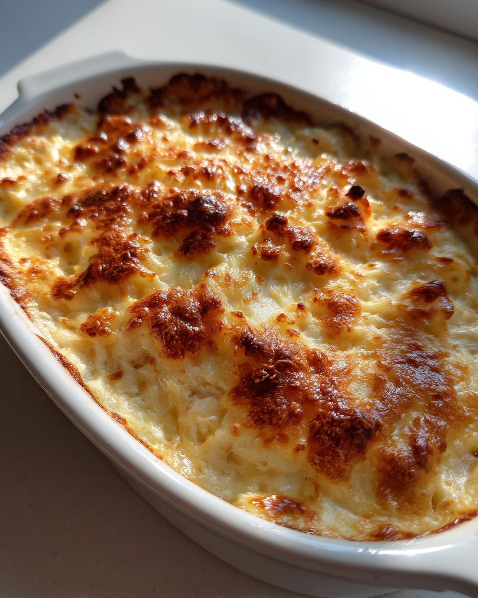 Close-up of hot crab dip baked in a white dish with a bubbly, golden-brown cheesy crust.