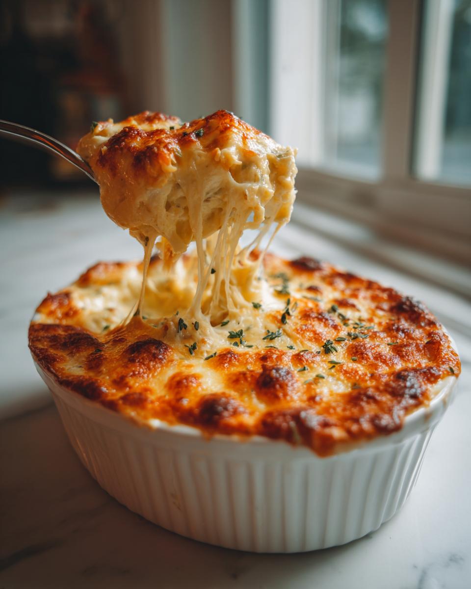 A spoonful of hot, cheesy crab dip is lifted from a white ramekin, showing extreme cheese pull.