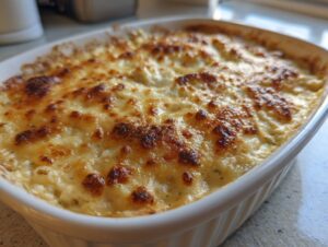 Close-up of a hot crab dip baked in a white dish with a bubbly, golden-brown, cheesy crust.