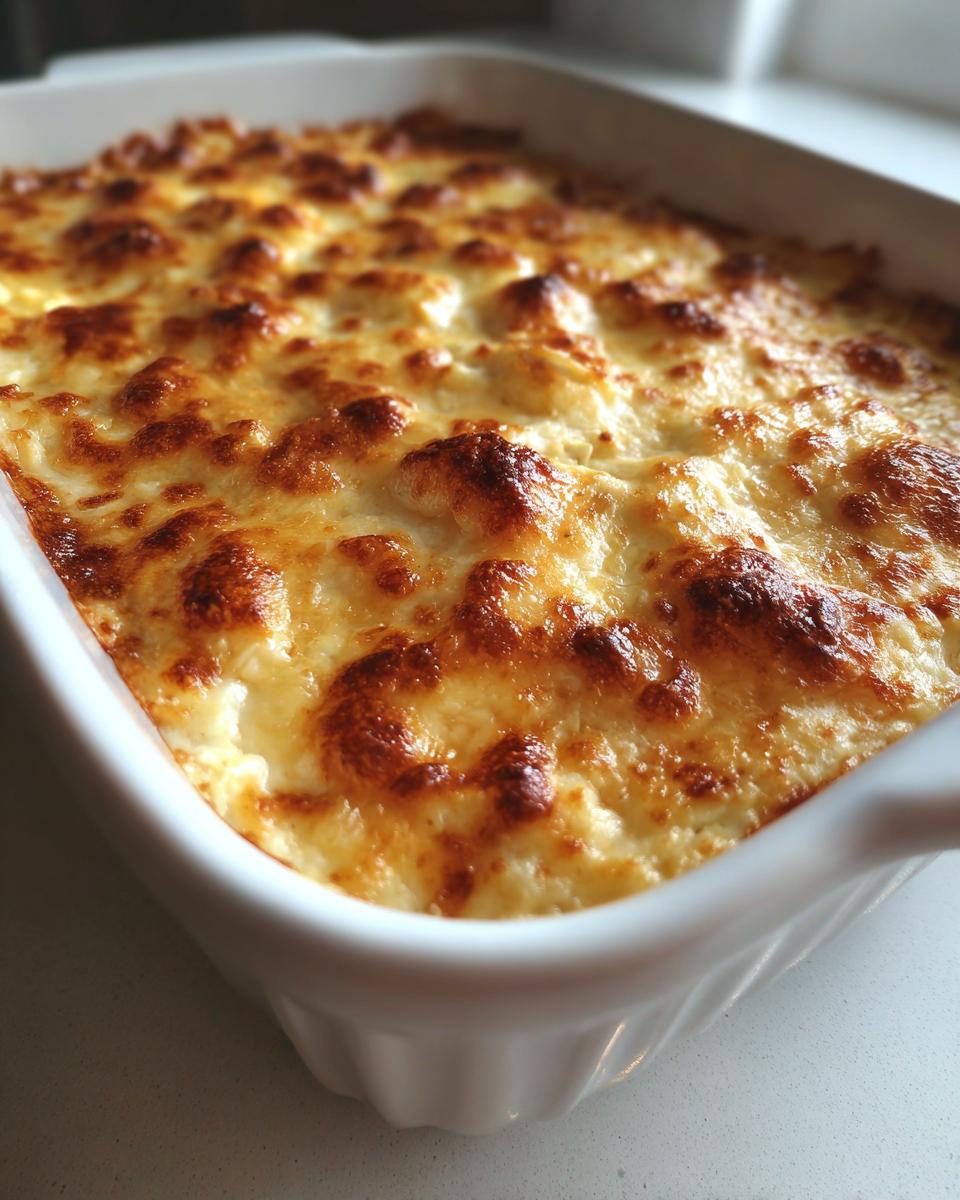 Close-up of hot crab dip baked in a white dish with a bubbly, golden-brown melted cheese crust.