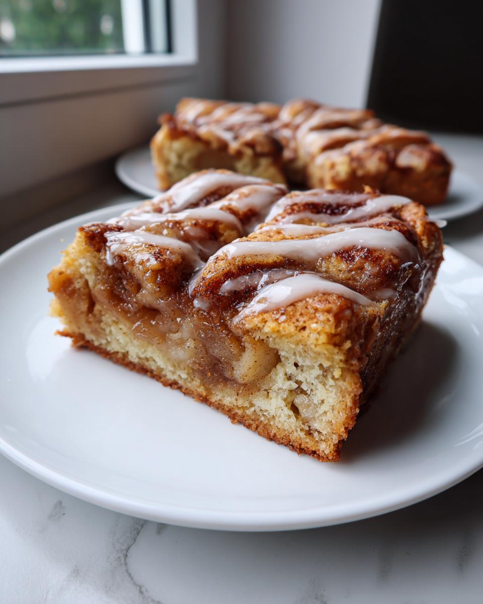 A close-up of a thick slice of apple pie bars with cinnamon filling and white icing drizzle on a white plate.