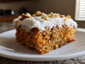 A single serving of moist carrot cake bars topped with thick cream cheese frosting and chopped walnuts.