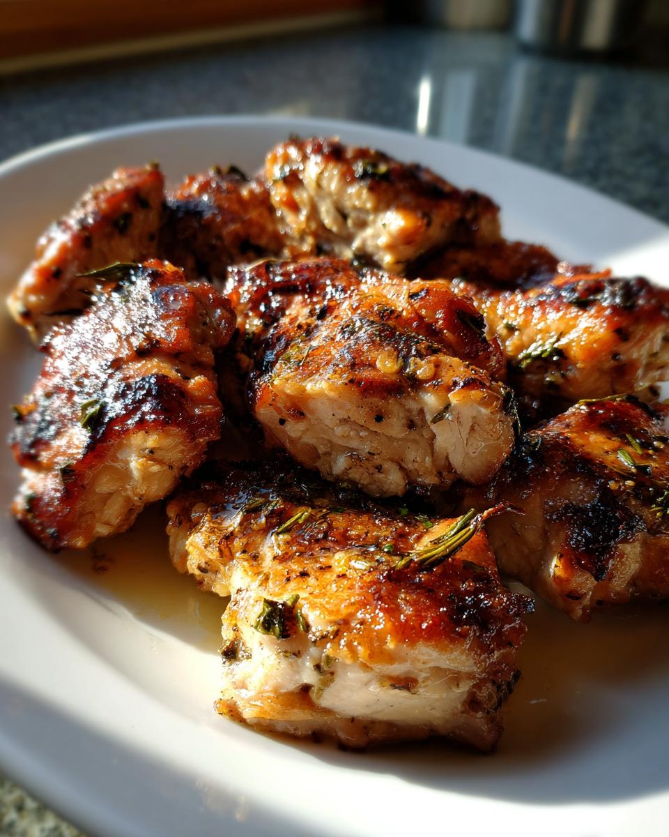 Close-up of golden-brown, juicy chicken bites showing herbs from the chicken marinade on a white plate.