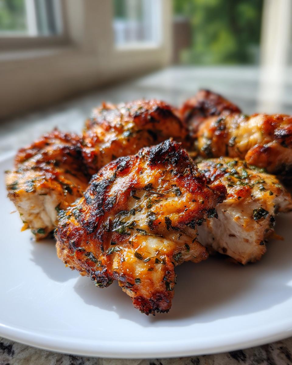 Close-up of perfectly cooked, juicy chicken bites coated in a flavorful herb chicken marinade, resting on a white plate.