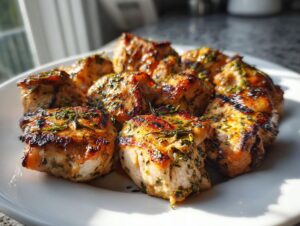 Close-up of grilled, bite-sized chicken pieces seasoned with herbs, showing grill marks from the best chicken marinade.