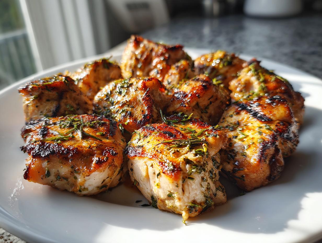 Close-up of grilled, bite-sized chicken pieces seasoned with herbs, showing grill marks from the best chicken marinade.