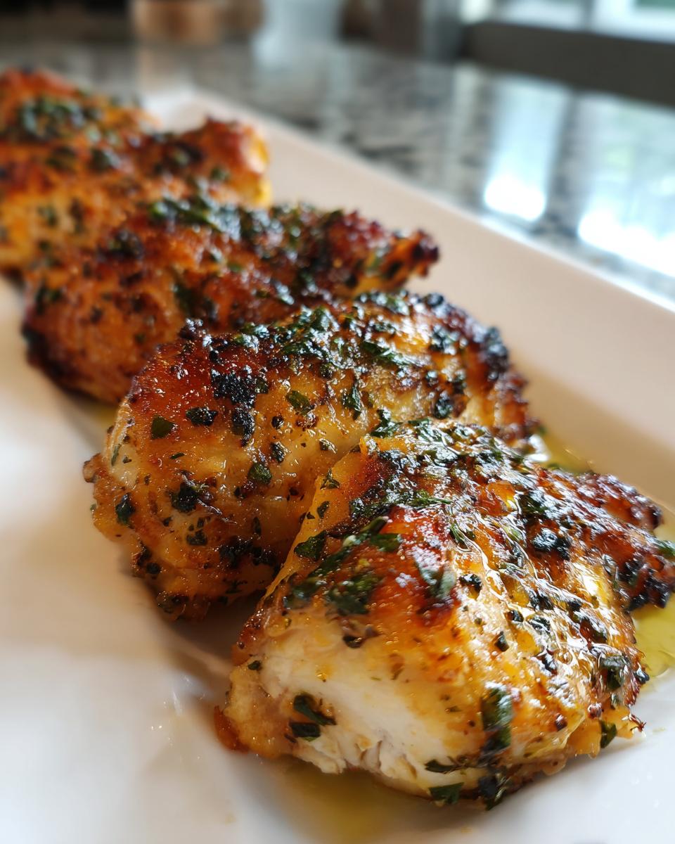 Close-up of four perfectly cooked, juicy chicken pieces coated in a rich herb chicken marinade, resting in oil.