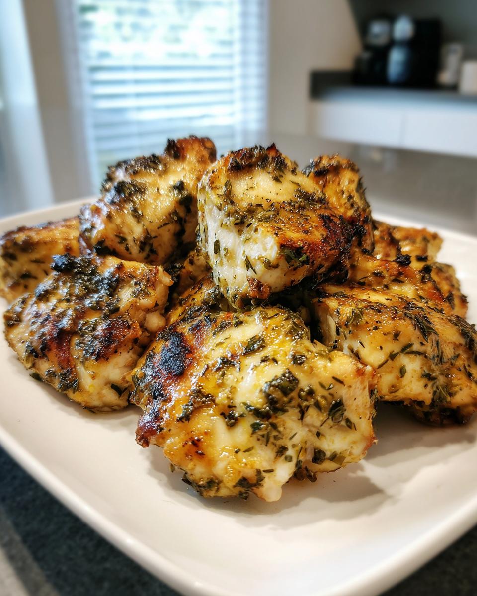 Close-up of grilled chicken pieces coated in a flavorful herb chicken marinade, piled on a white plate.