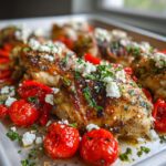Close-up of juicy greek chicken thighs roasted on a sheet pan with blistered cherry tomatoes and topped with feta cheese.