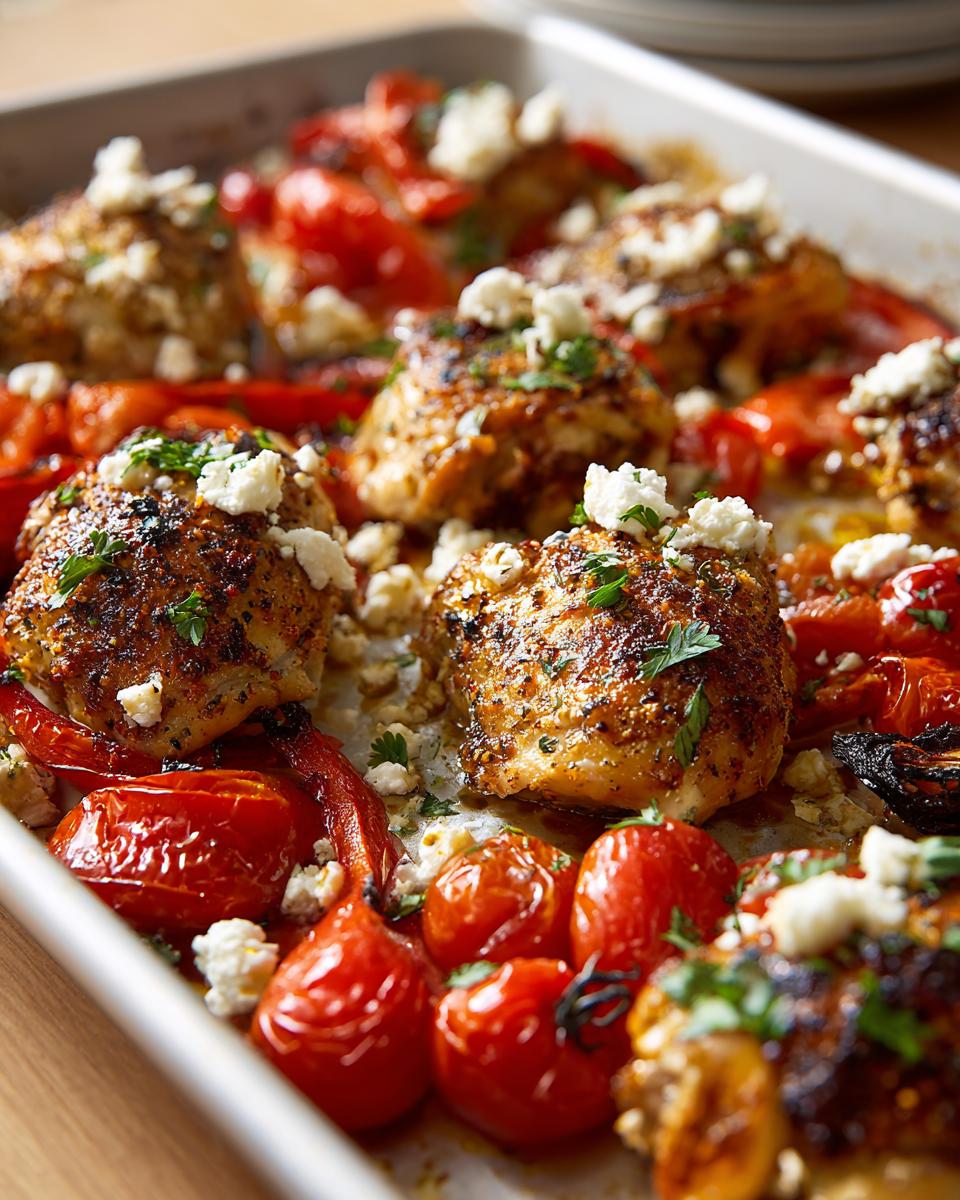 Close-up of juicy greek chicken pieces roasted on a sheet pan with blistered cherry tomatoes and topped with feta cheese.