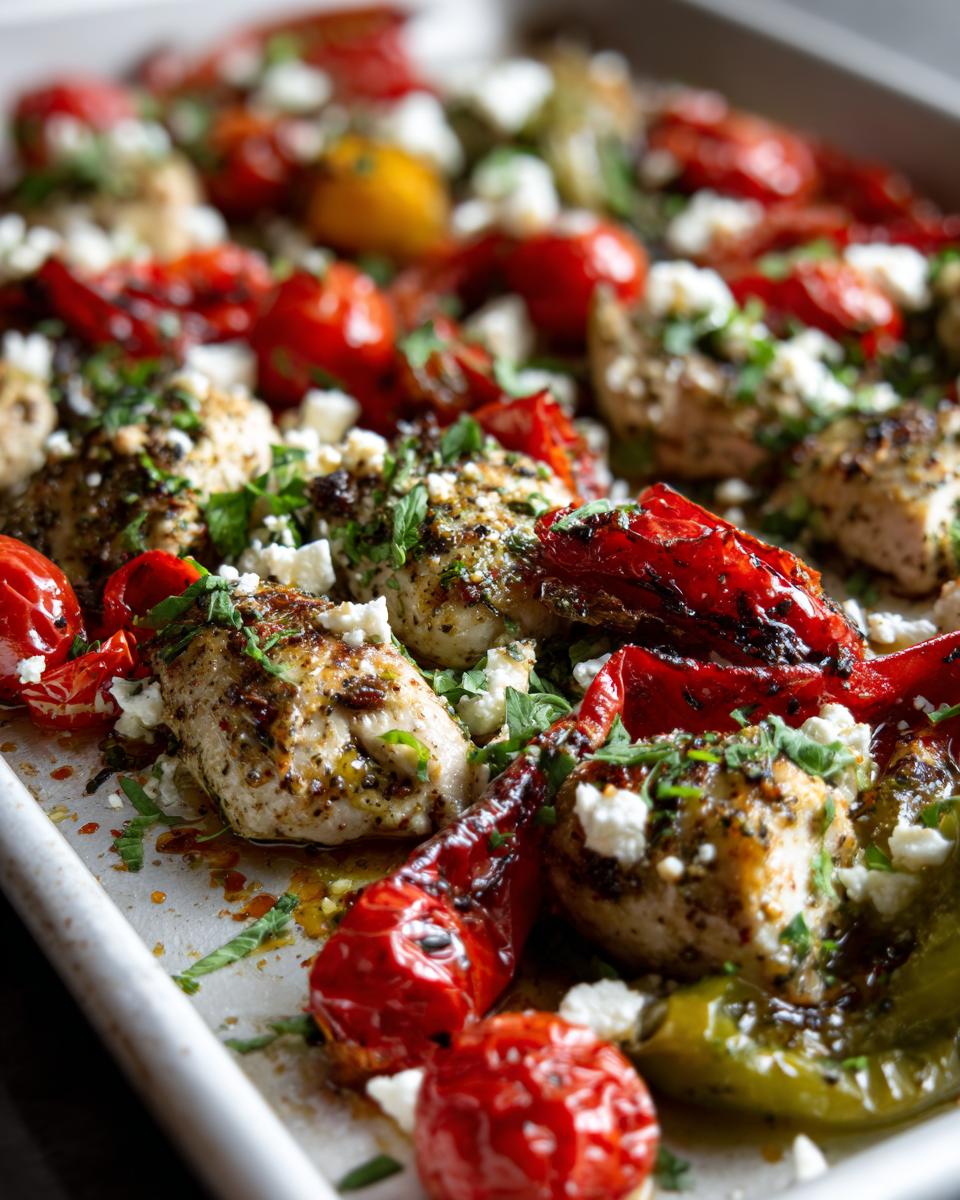 Close-up of juicy greek chicken pieces baked on a sheet pan with roasted cherry tomatoes and feta cheese.