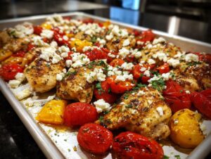 Close-up of juicy greek chicken pieces roasted on a sheet pan with blistered tomatoes and topped with feta cheese.
