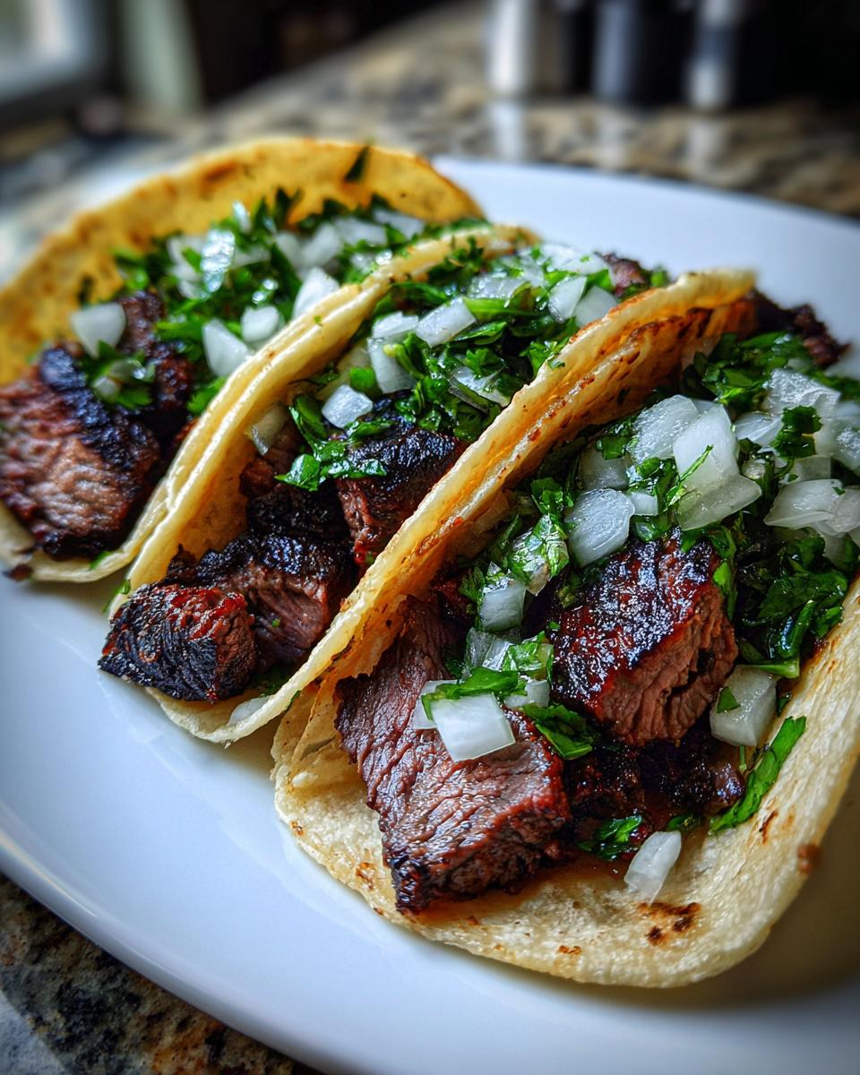 Three delicious steak tacos filled with juicy, charred steak, topped with diced white onion and fresh cilantro.