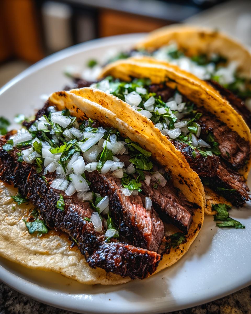 Close-up of three delicious steak tacos filled with sliced, charred meat, topped with diced white onion and cilantro.