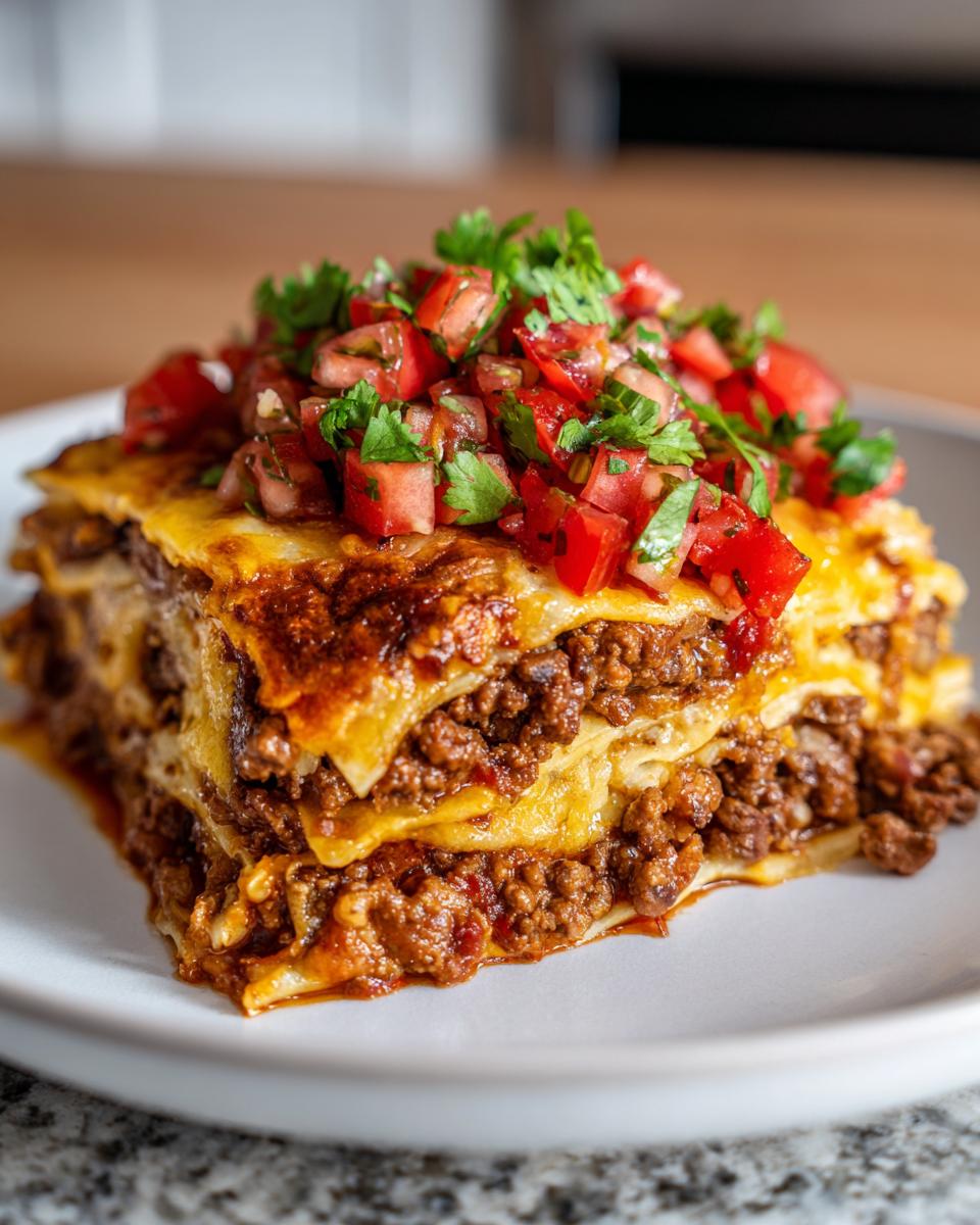 A close-up of a layered slice of taco pie filled with seasoned ground beef and cheese, topped with fresh pico de gallo.