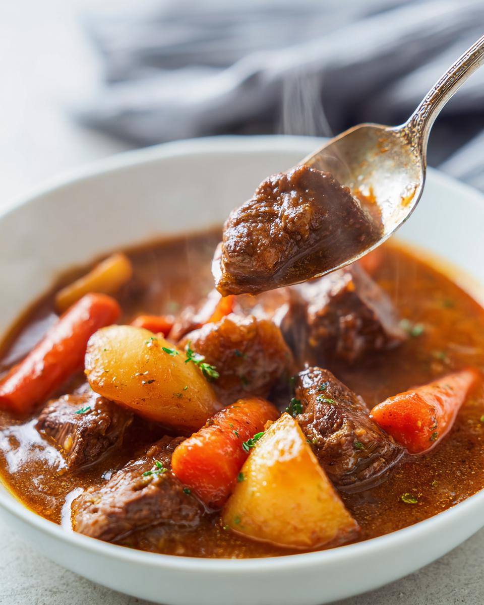A spoonful of tender beef stew, rich brown color, being lifted from a bowl of beef stew with carrots and potatoes.