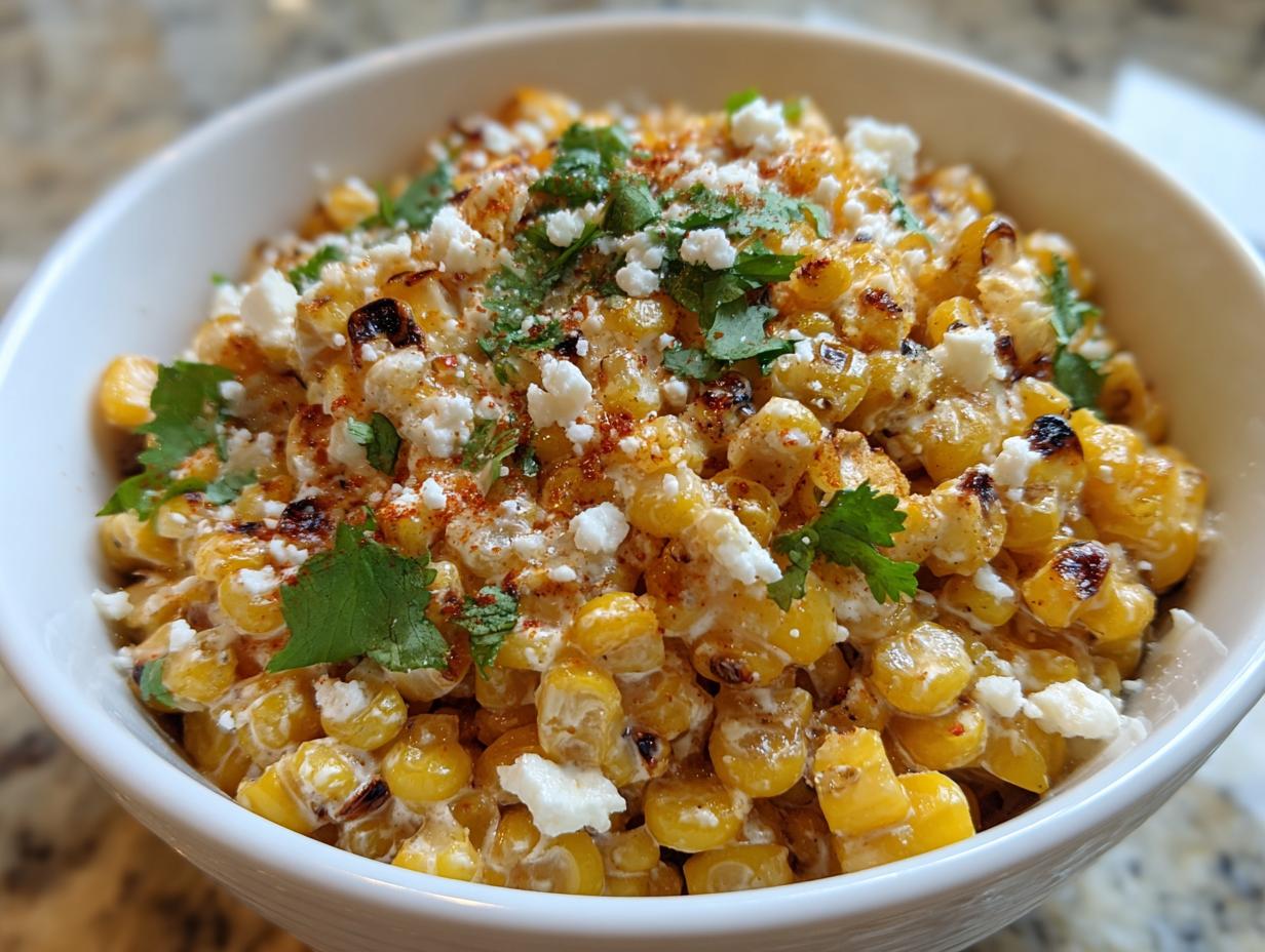Close-up of a white bowl filled with creamy Mexican street corn salad, topped with cotija cheese and cilantro.
