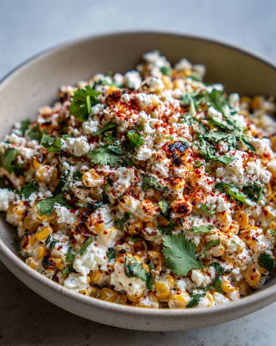Close-up of a bowl filled with vibrant Mexican street corn salad, featuring charred corn, crumbled white cheese, and cilantro.