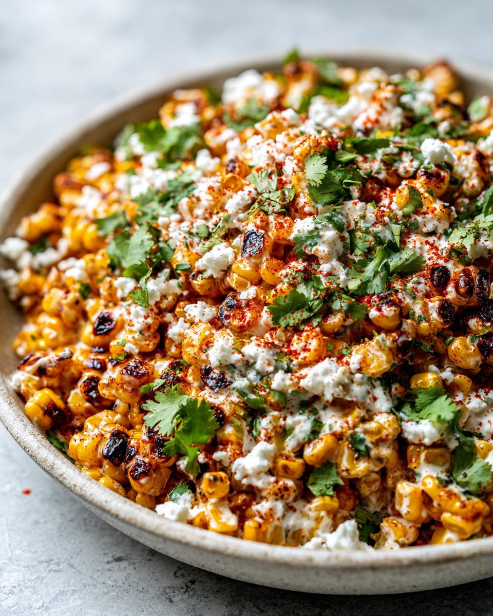 Close-up of charred corn kernels topped with cotija cheese, cilantro, and chili powder in a bowl of mexican street corn salad.