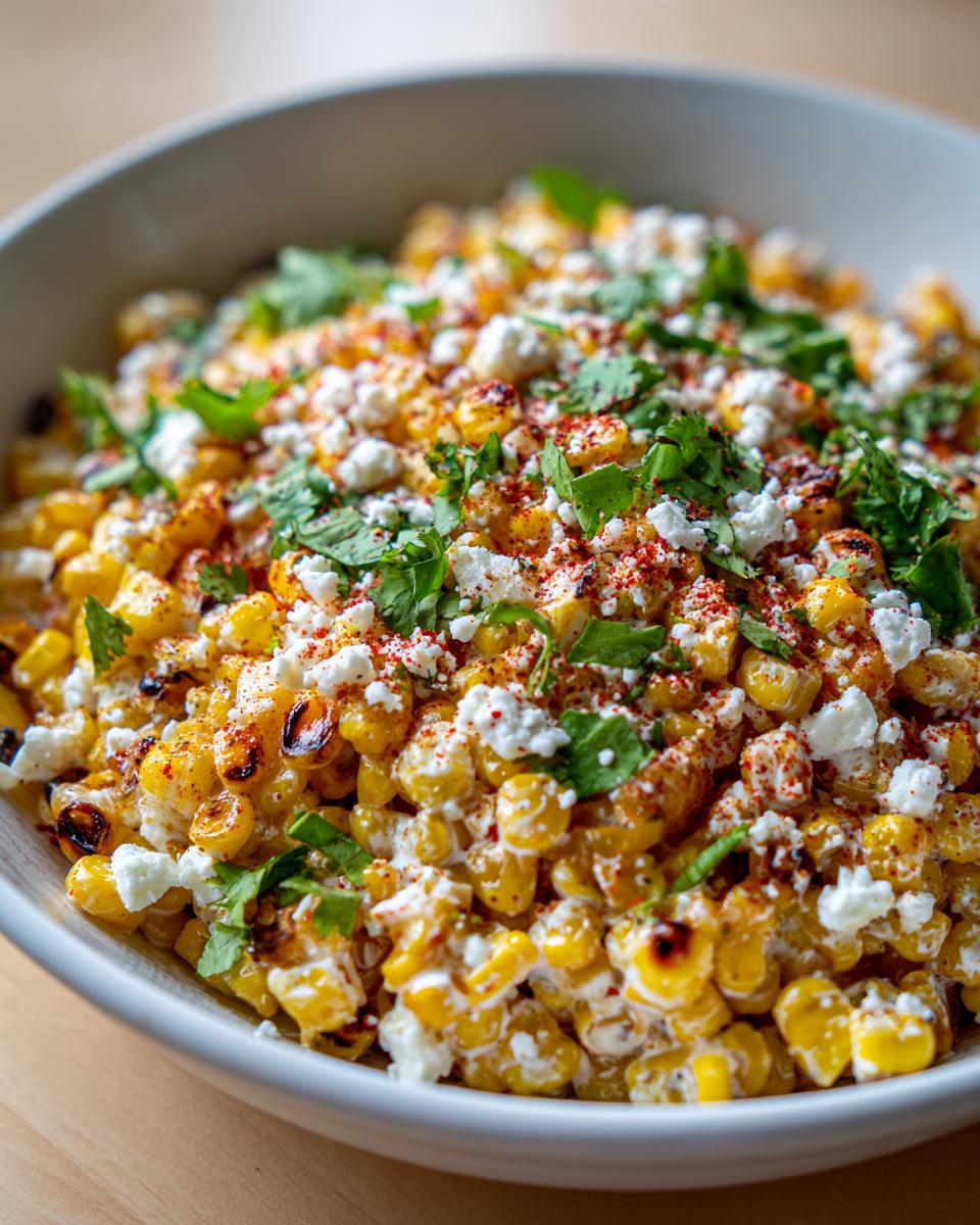 Close-up of creamy Mexican street corn salad topped with cotija cheese, cilantro, and chili powder.