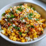 Close-up of a white bowl filled with vibrant Mexican street corn salad, topped with cotija cheese, chili powder, and cilantro.
