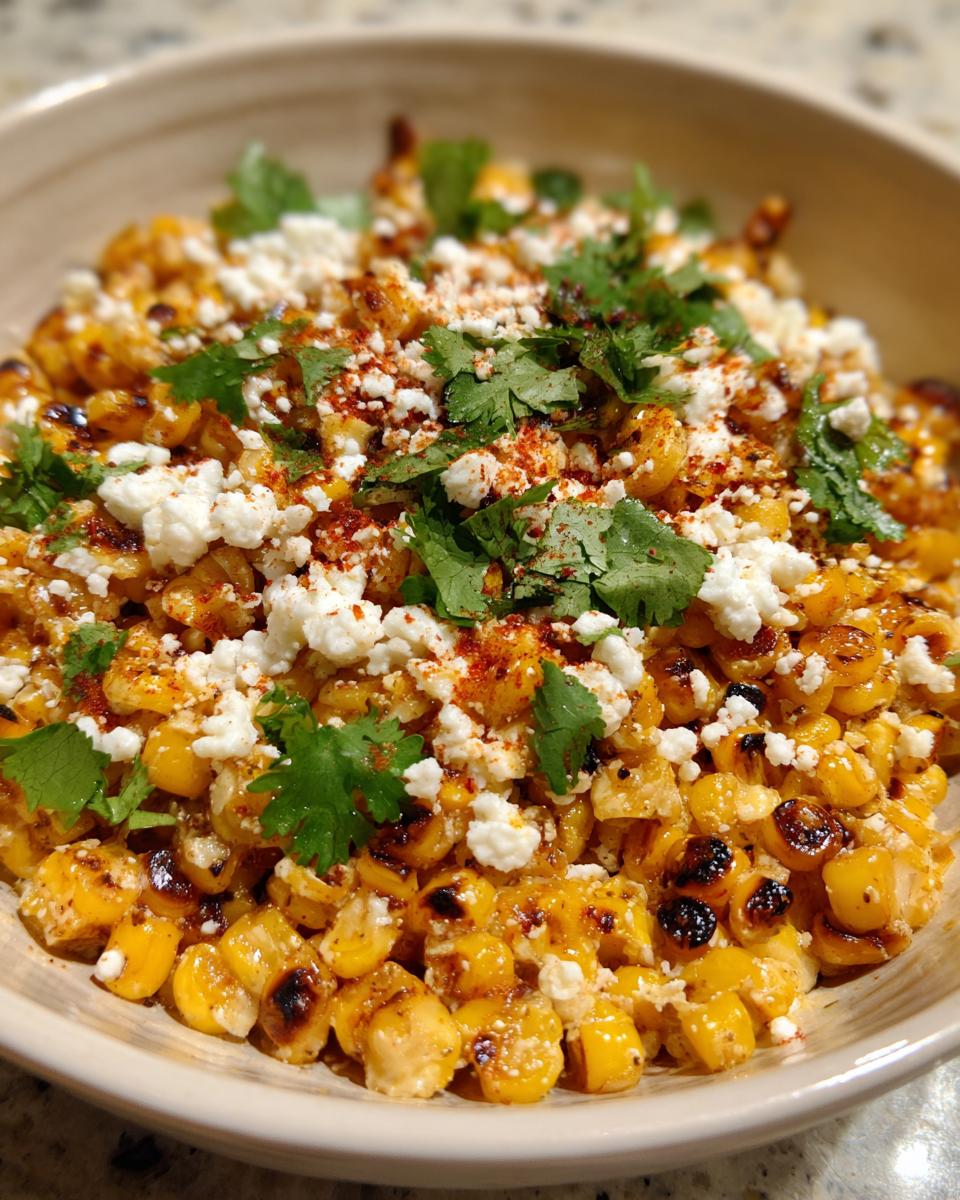 Close-up of Mexican street corn salad featuring charred corn kernels topped with crumbled white cotija cheese and fresh cilantro.