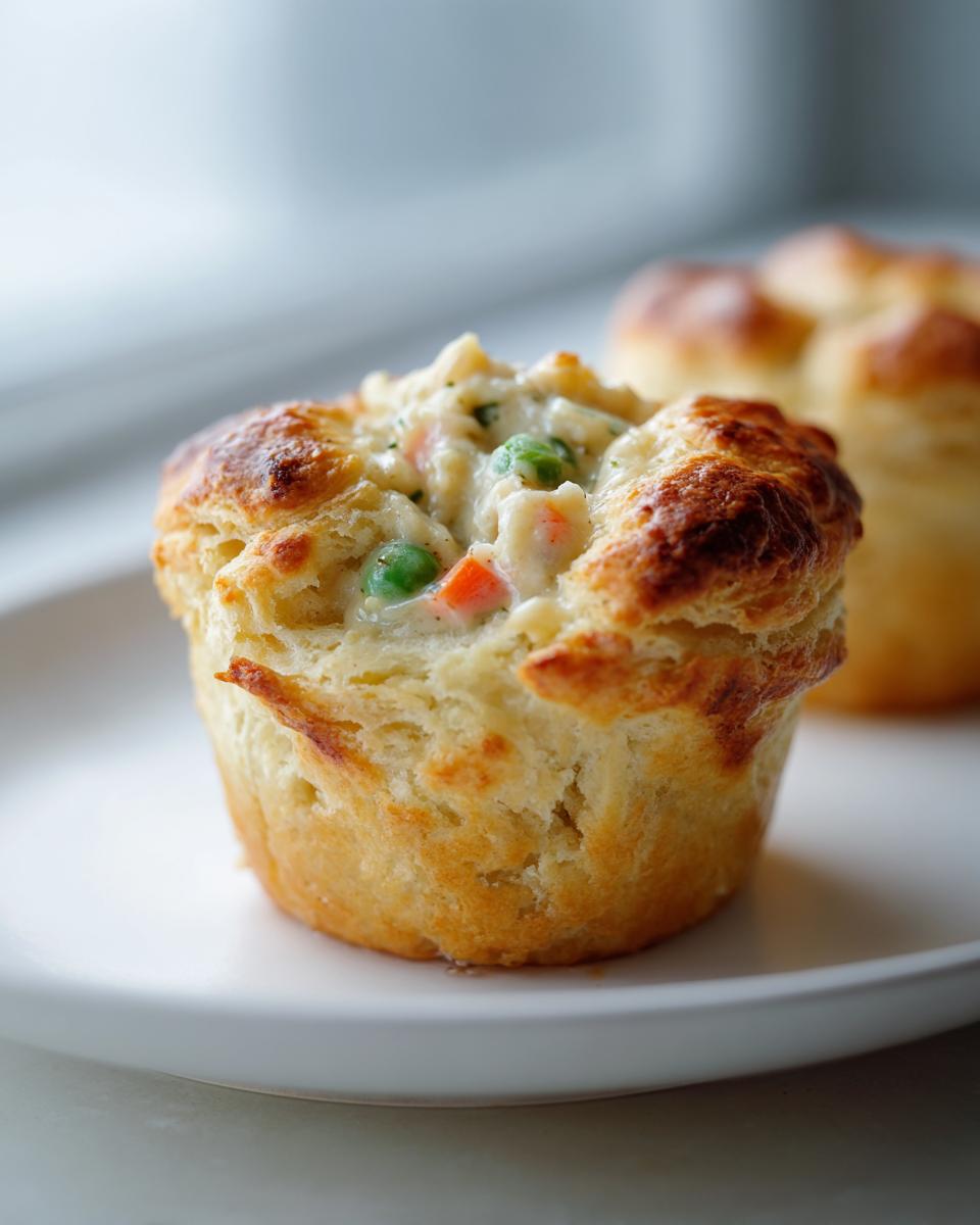 Close-up of a golden-brown mini chicken pot pie with a biscuit top overflowing with creamy filling, peas, and carrots.