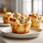 Close-up of a flaky, golden mini chicken pot pies filled with creamy chicken and vegetables.