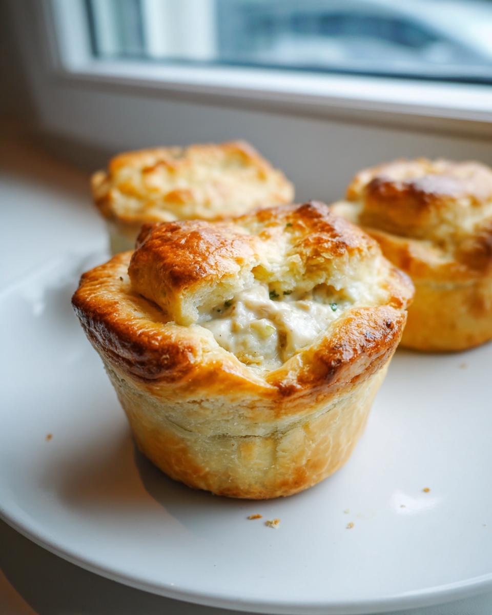 Close-up of a flaky, golden brown mini chicken pot pie with creamy filling visible at the top.