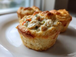 Close-up of a flaky biscuit cup filled with creamy chicken and vegetable filling, one of the mini chicken pot pies.